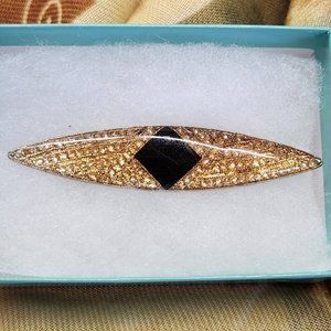 Pierre Bex Style Art Deco Oval Brooch/Pin, Black/Gold/ Gold Crystals, 2 3/4" L